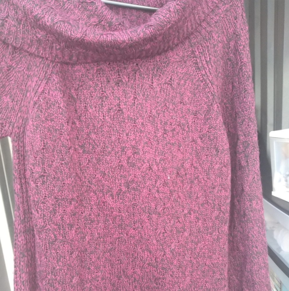 Women's long burgundy and black sweater size L.